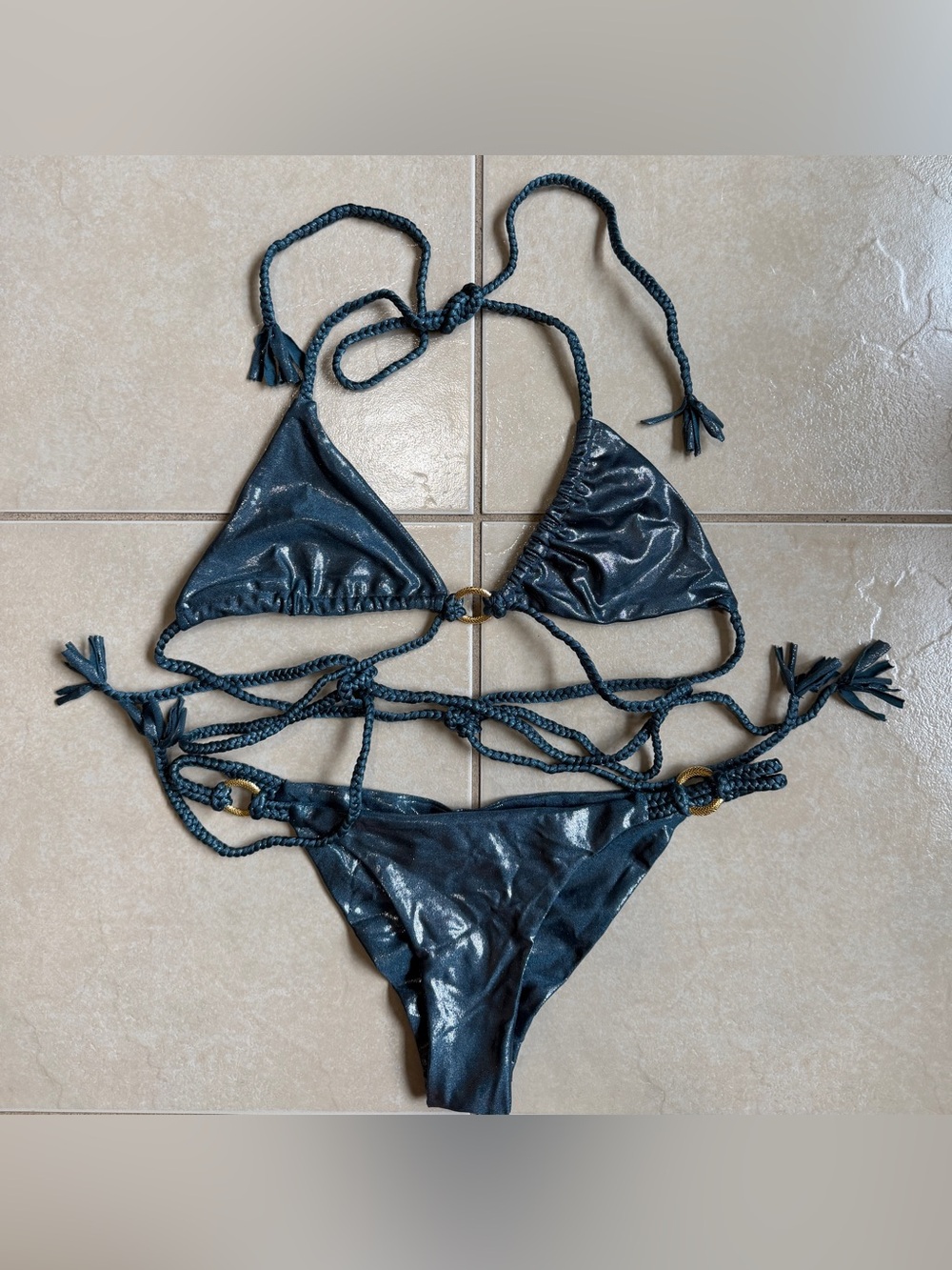 Demerara by Cassie & Andrea Ganesh Metallic Blue Bikini Set - Top M / Bottom L